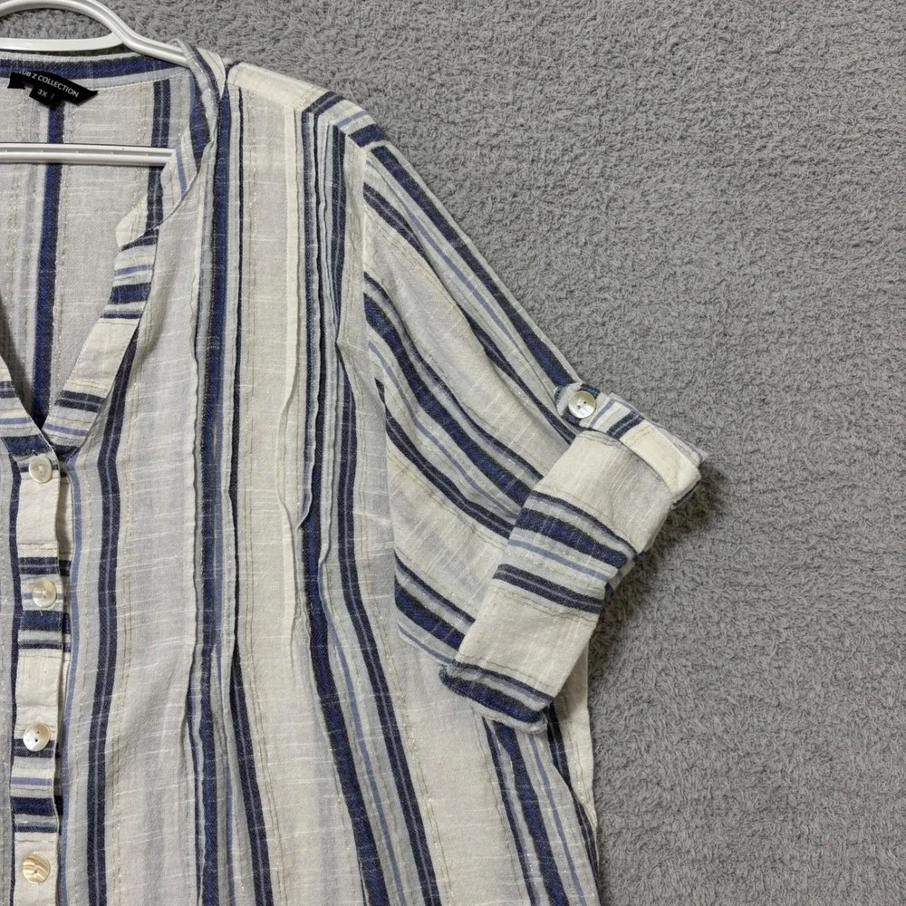 Comfortable Cotton Blend Blouse Roll Tab Sleeve Lightweight Blue Stripe 3X